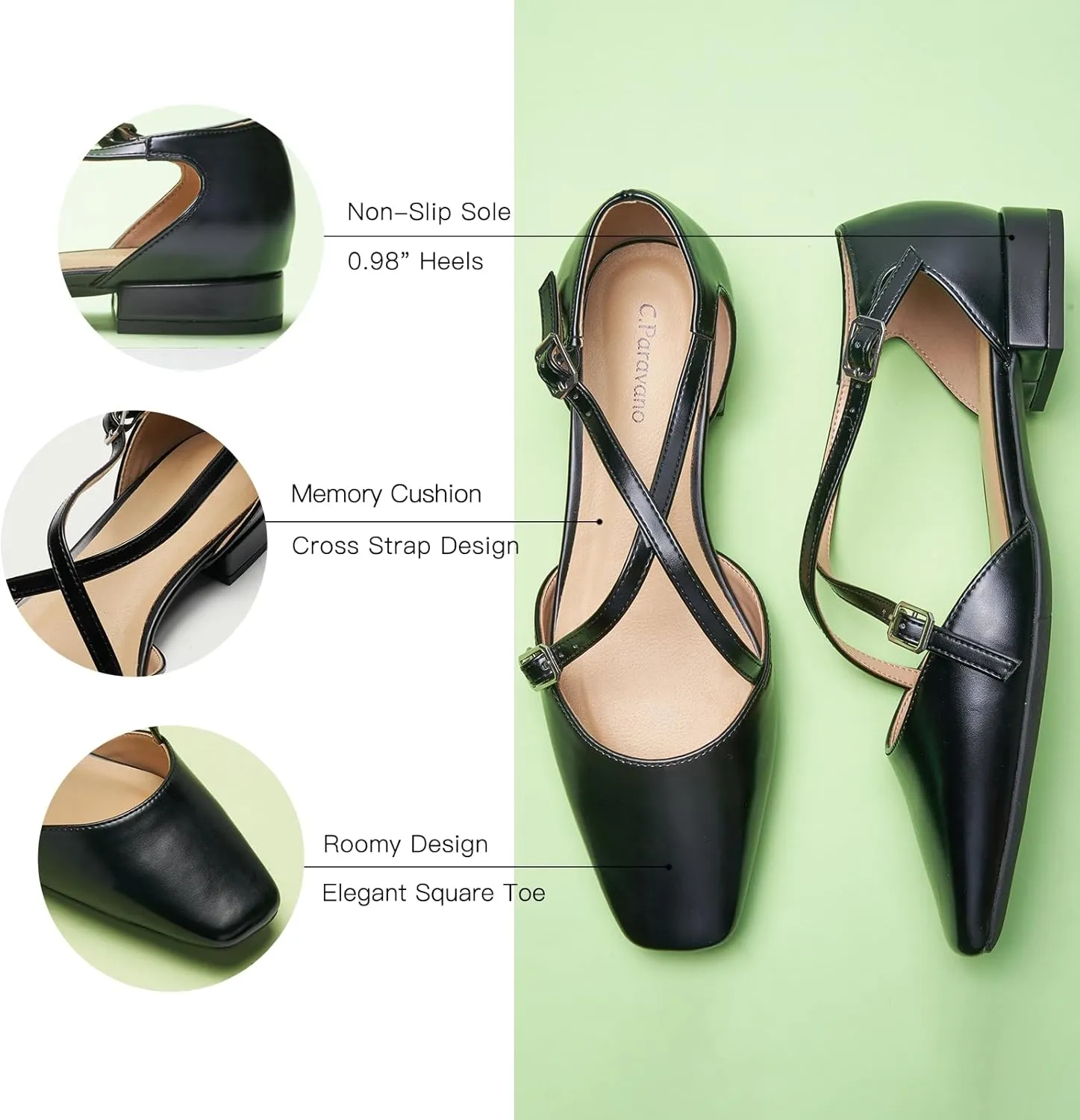 C.Paravano Women's Flats Square Toe Cross-Strap Sandals Stylish Comfortable Slip-On Shoes for Casual Wear, Work, Travel & Social Events