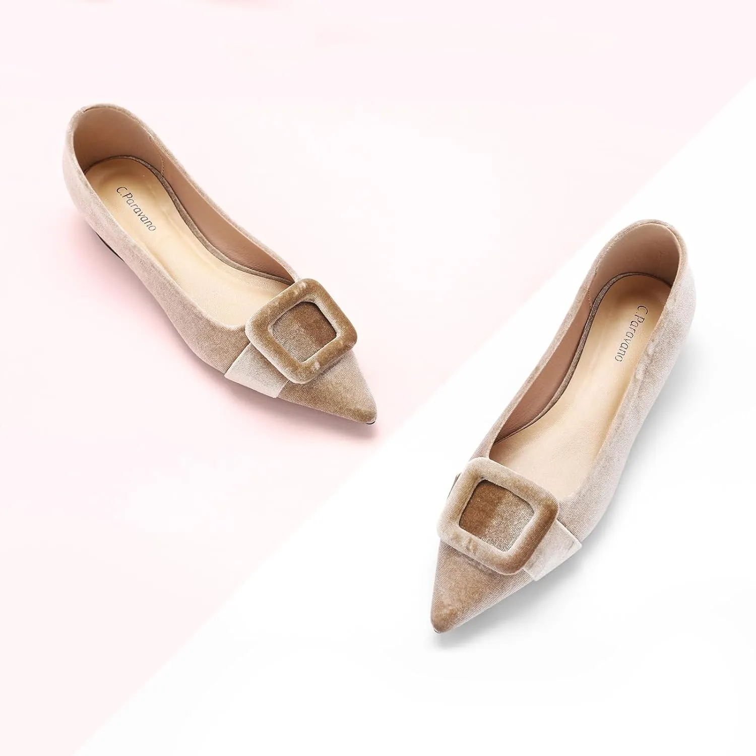 C.Paravano Women's Flats Velvet Pointed Toe Flats Slip-On Casual Work Shoes for Daily Wear Comfortable Stylish Ballet Flats