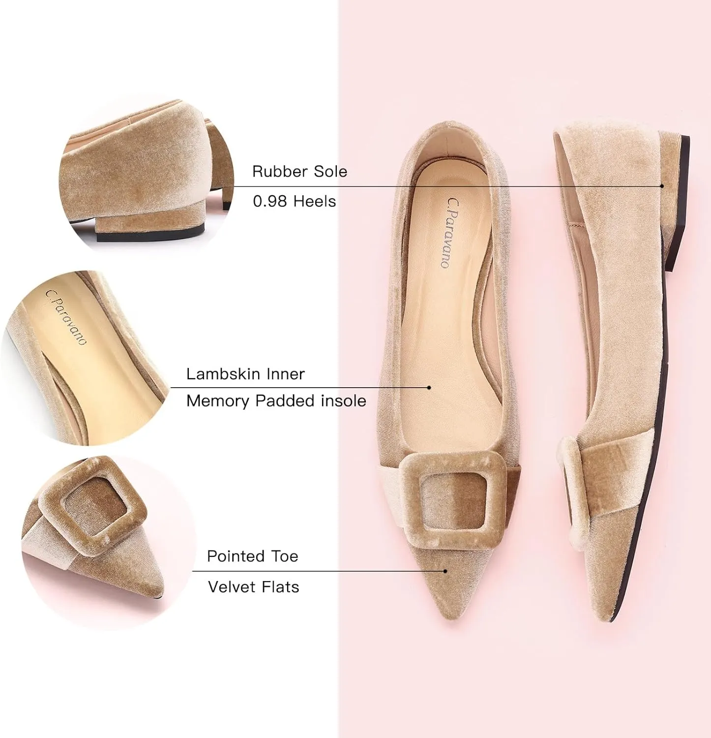 C.Paravano Women's Flats Velvet Pointed Toe Flats Slip-On Casual Work Shoes for Daily Wear Comfortable Stylish Ballet Flats