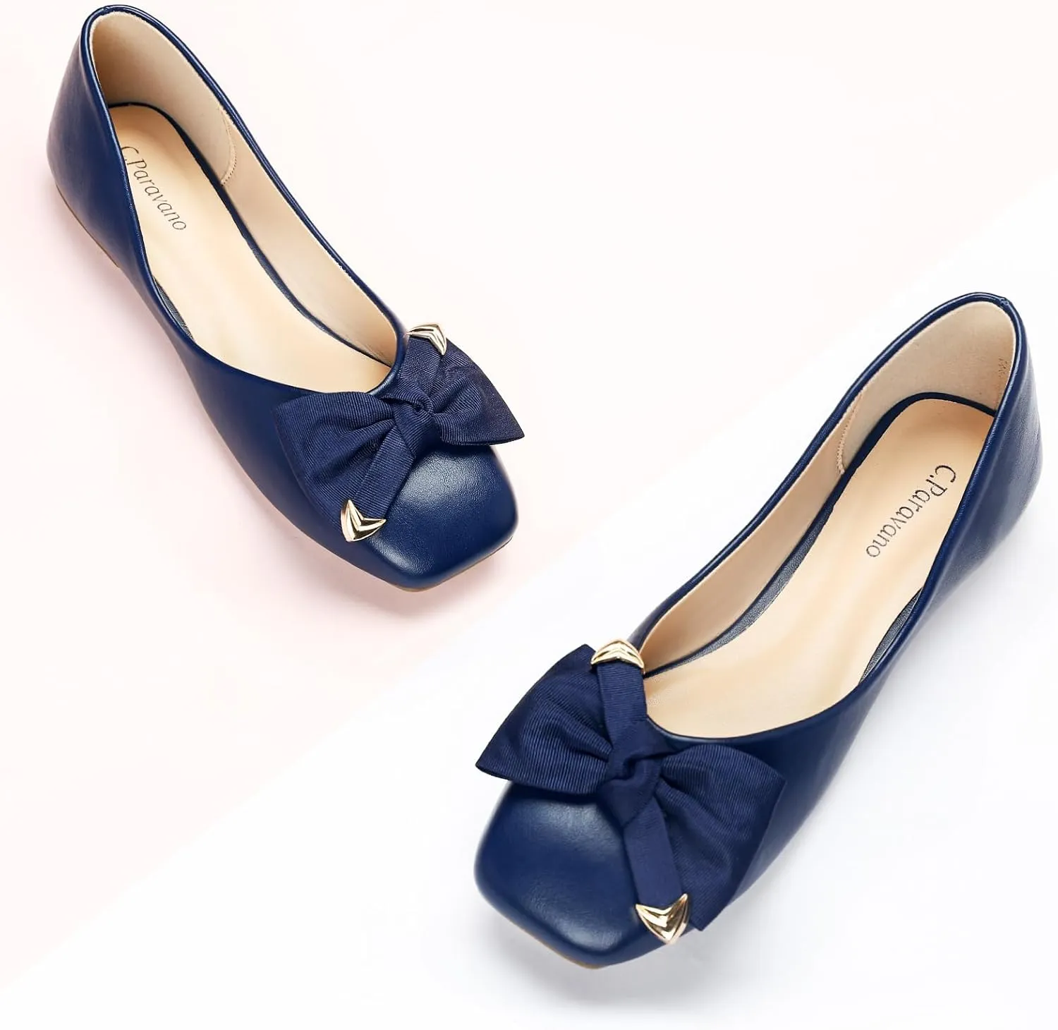 C.Paravano Women's Flats with Metallic Bow | Casual Square Toe Ballet Flats | Comfortable Slip On Flat Shoes | Women Dressy Shoes for Walking Wedding Work Office