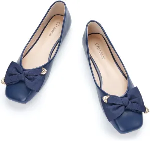 C.Paravano Women's Flats with Metallic Bow | Casual Square Toe Ballet Flats | Comfortable Slip On Flat Shoes | Women Dressy Shoes for Walking Wedding Work Office