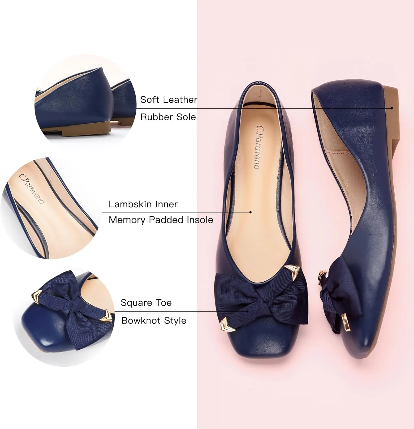 C.Paravano Women's Flats with Metallic Bow | Casual Square Toe Ballet Flats | Comfortable Slip On Flat Shoes | Women Dressy Shoes for Walking Wedding Work Office