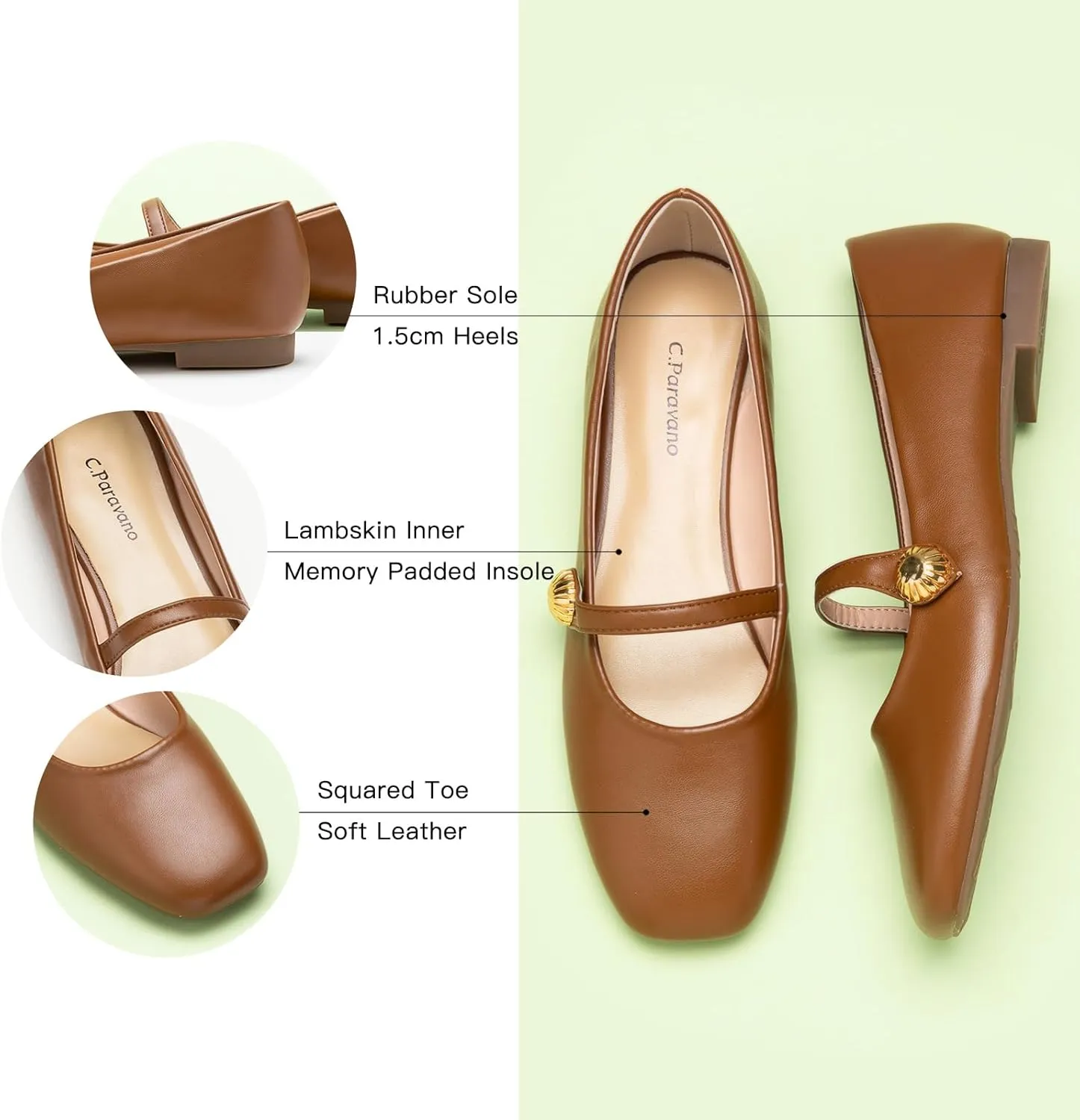 C.Paravano Women's Mary Jane Flats | Comfortable Square Toe Ballet Flats | Mary Jane Shoes with Strap | Casual Dress Flat Shoes for Party Wedding & Work Office，Date Nights