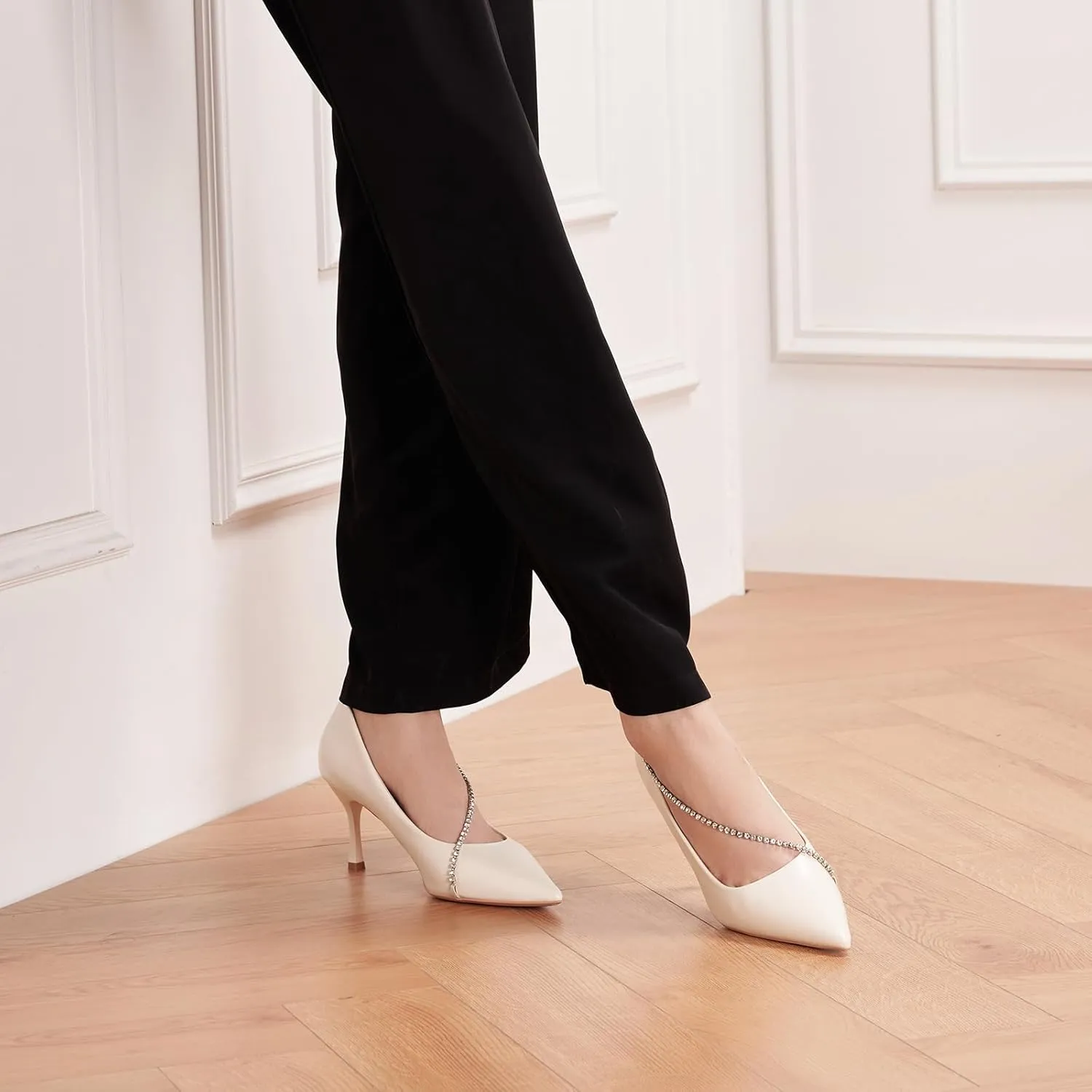 C.Paravano Women's Pumps | Crystal Chain Heels | Pointed Toe Kitten Heel | Comfortable Dress Shoes | Elegant Party Wedding Designer Shoes