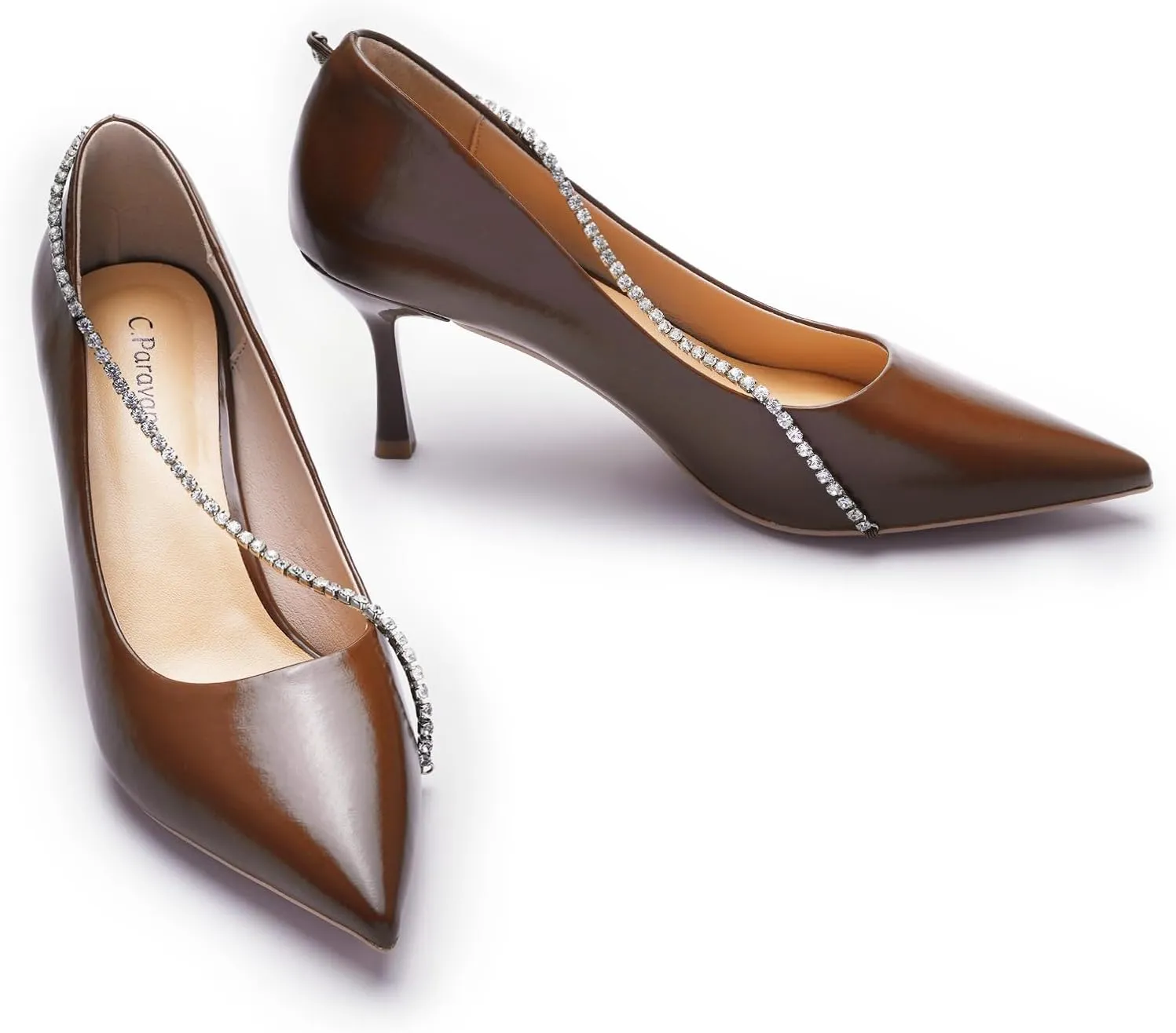C.Paravano Women's Pumps | Crystal Chain Heels | Pointed Toe Kitten Heel | Comfortable Dress Shoes | Elegant Party Wedding Designer Shoes