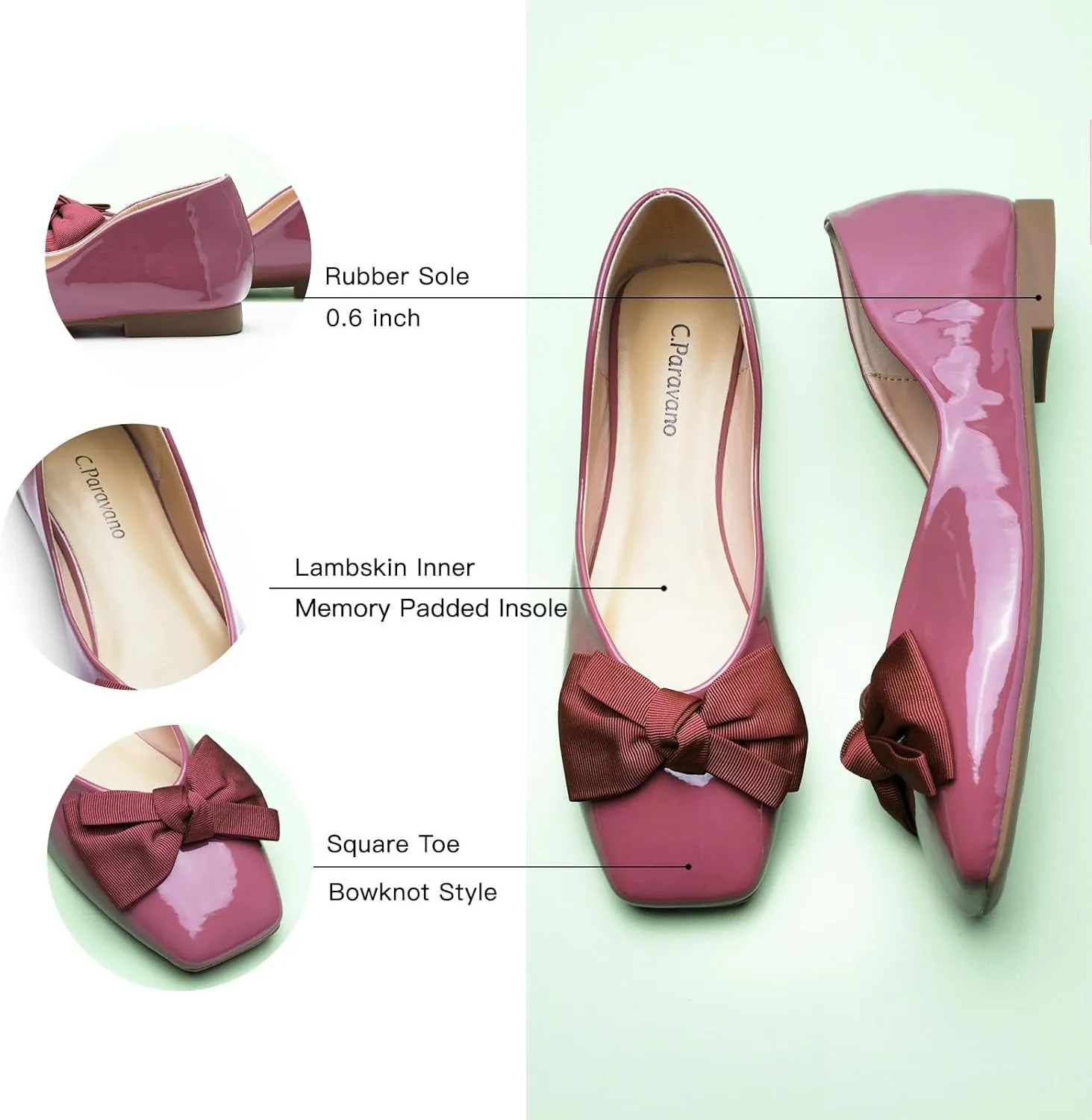 C.Paravano Women's Shoes with Bow | Casual Slip On Ballet Flats | Comfortable Square Toe Walking Shoes | Women Dressy Flats for Wedding Work Business Office