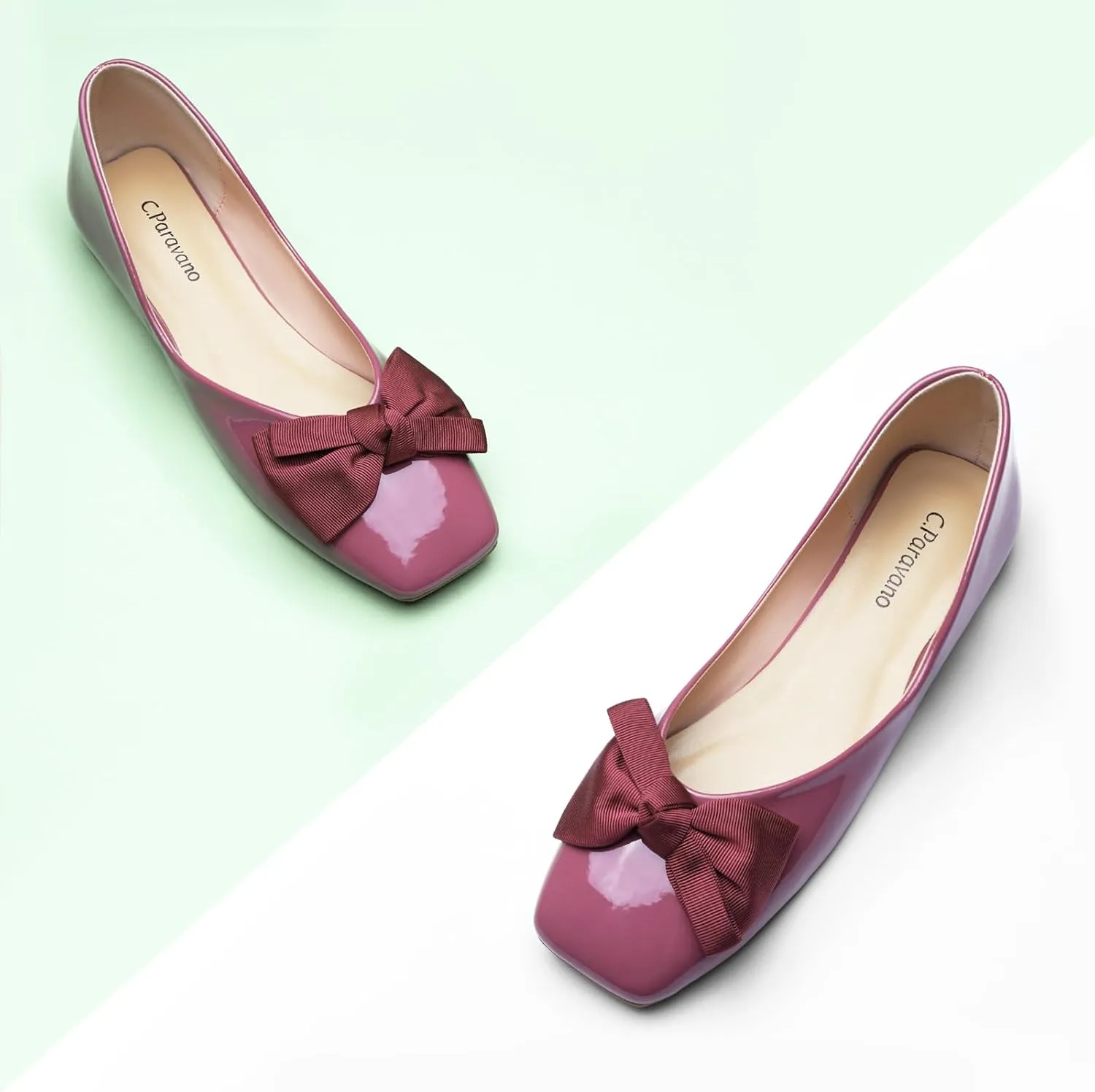 C.Paravano Women's Shoes with Bow | Casual Slip On Ballet Flats | Comfortable Square Toe Walking Shoes | Women Dressy Flats for Wedding Work Business Office