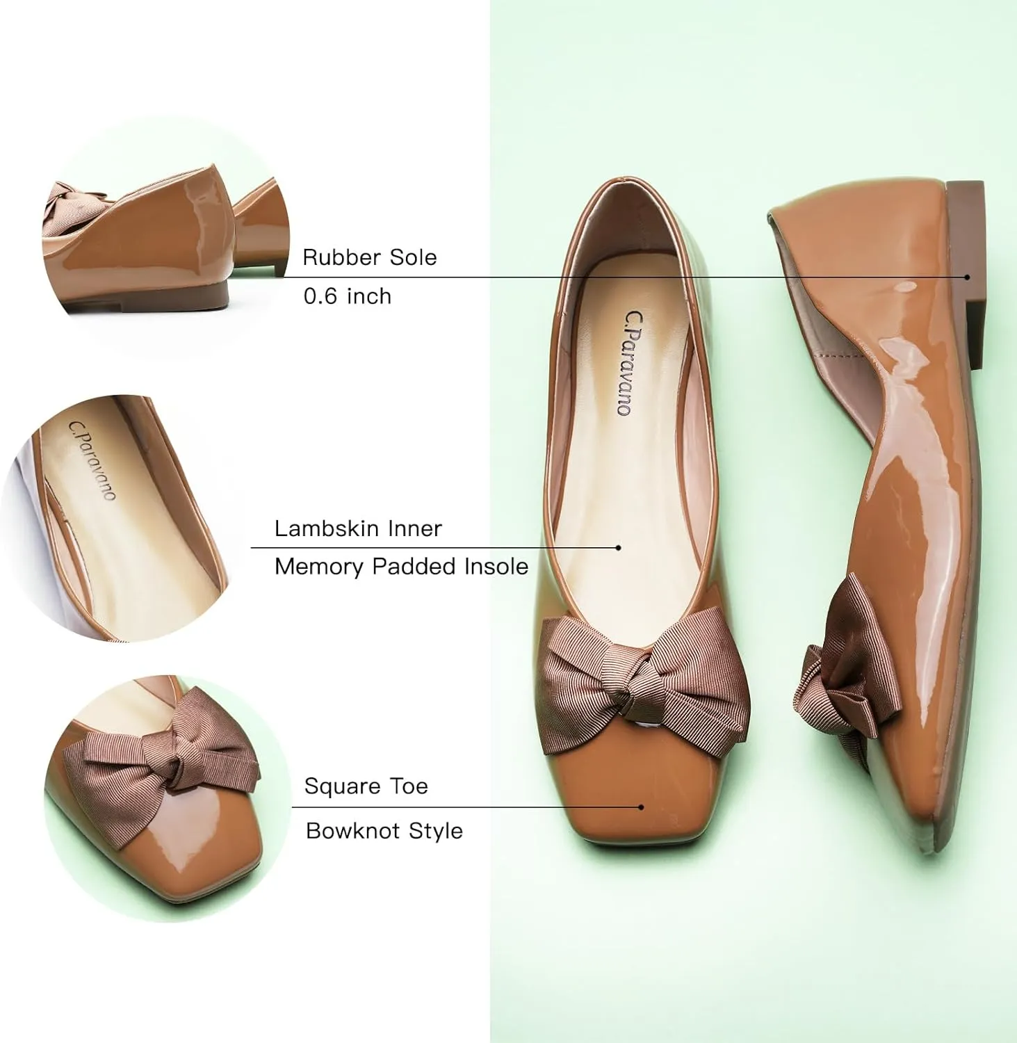 C.Paravano Women's Shoes with Bow | Casual Slip On Ballet Flats | Comfortable Square Toe Walking Shoes | Women Dressy Flats for Wedding Work Business Office