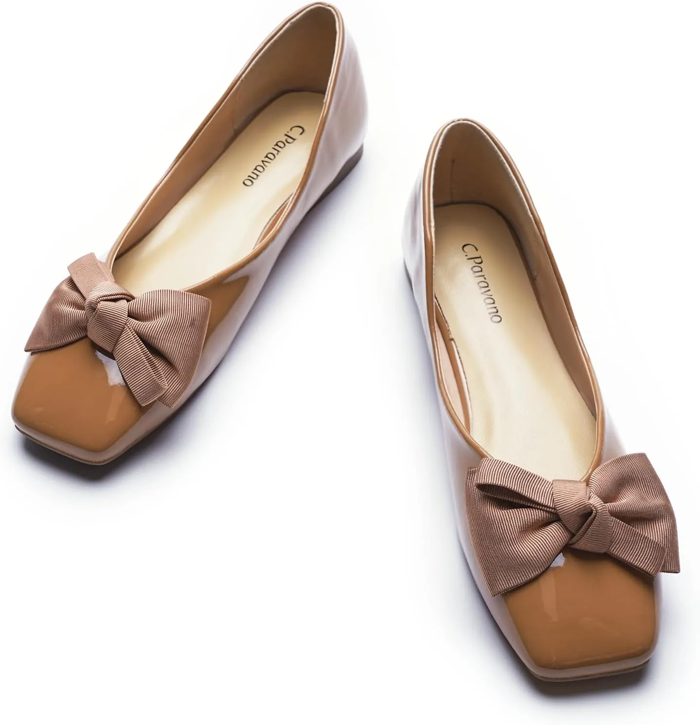 C.Paravano Women's Shoes with Bow | Casual Slip On Ballet Flats | Comfortable Square Toe Walking Shoes | Women Dressy Flats for Wedding Work Business Office