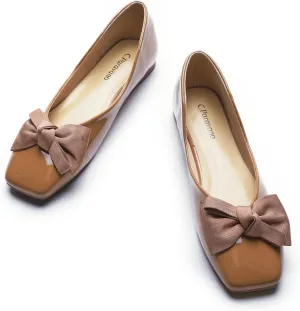 C.Paravano Women's Shoes with Bow | Casual Slip On Ballet Flats | Comfortable Square Toe Walking Shoes | Women Dressy Flats for Wedding Work Business Office