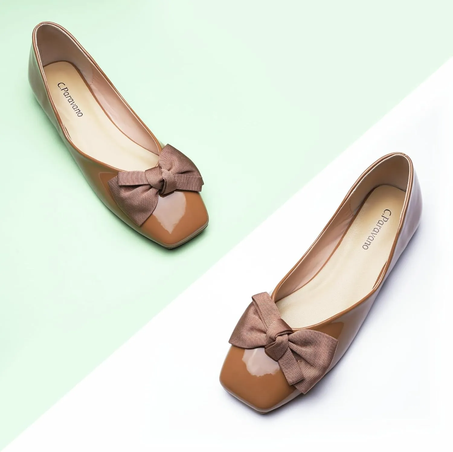 C.Paravano Women's Shoes with Bow | Casual Slip On Ballet Flats | Comfortable Square Toe Walking Shoes | Women Dressy Flats for Wedding Work Business Office