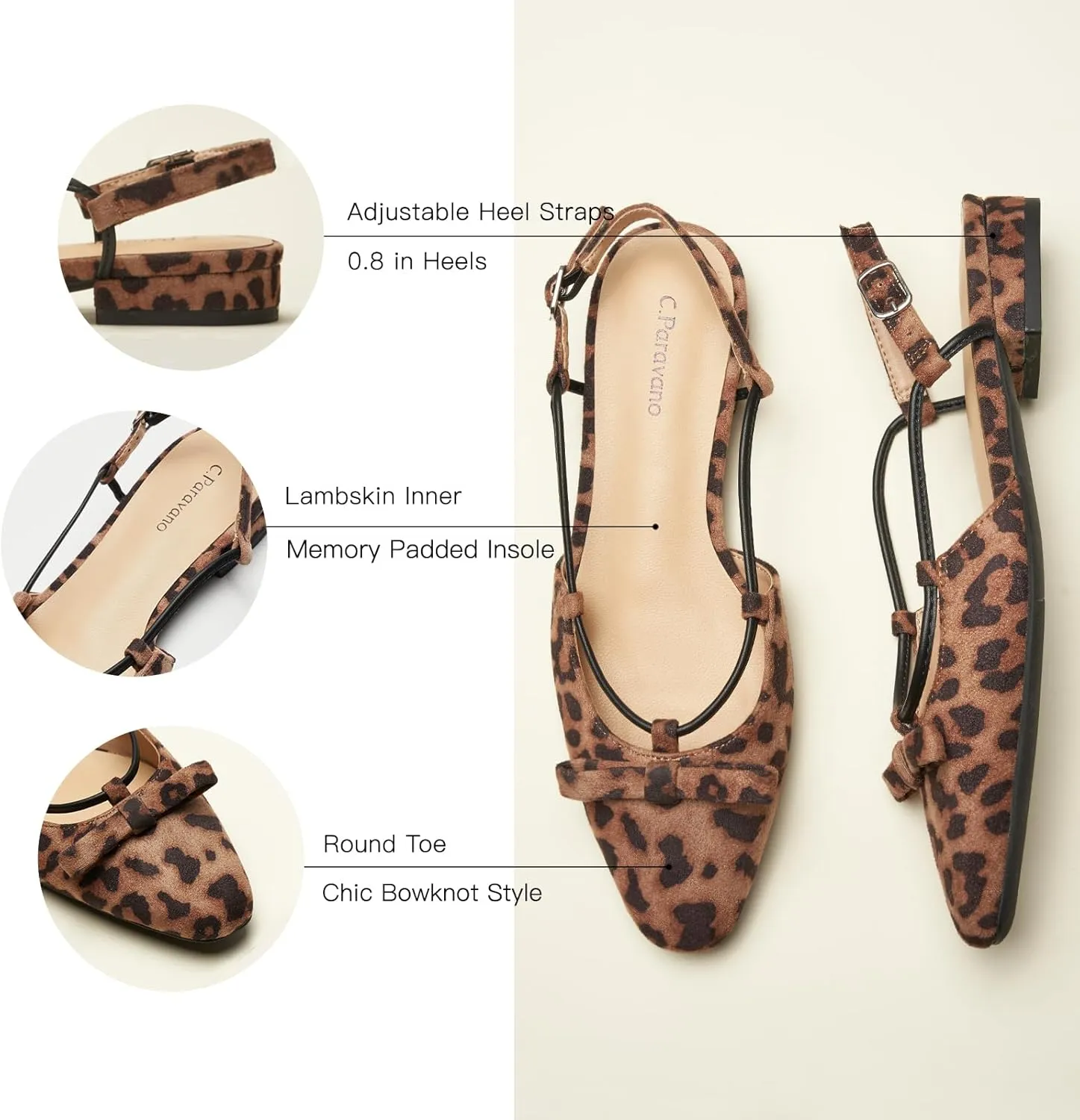 C.Paravano Women's Slingback Flats, Stylish Almond Toe Sandals, Comfortable Flats with Adjustable Strap, Dressy, Office Wear, Daily Use