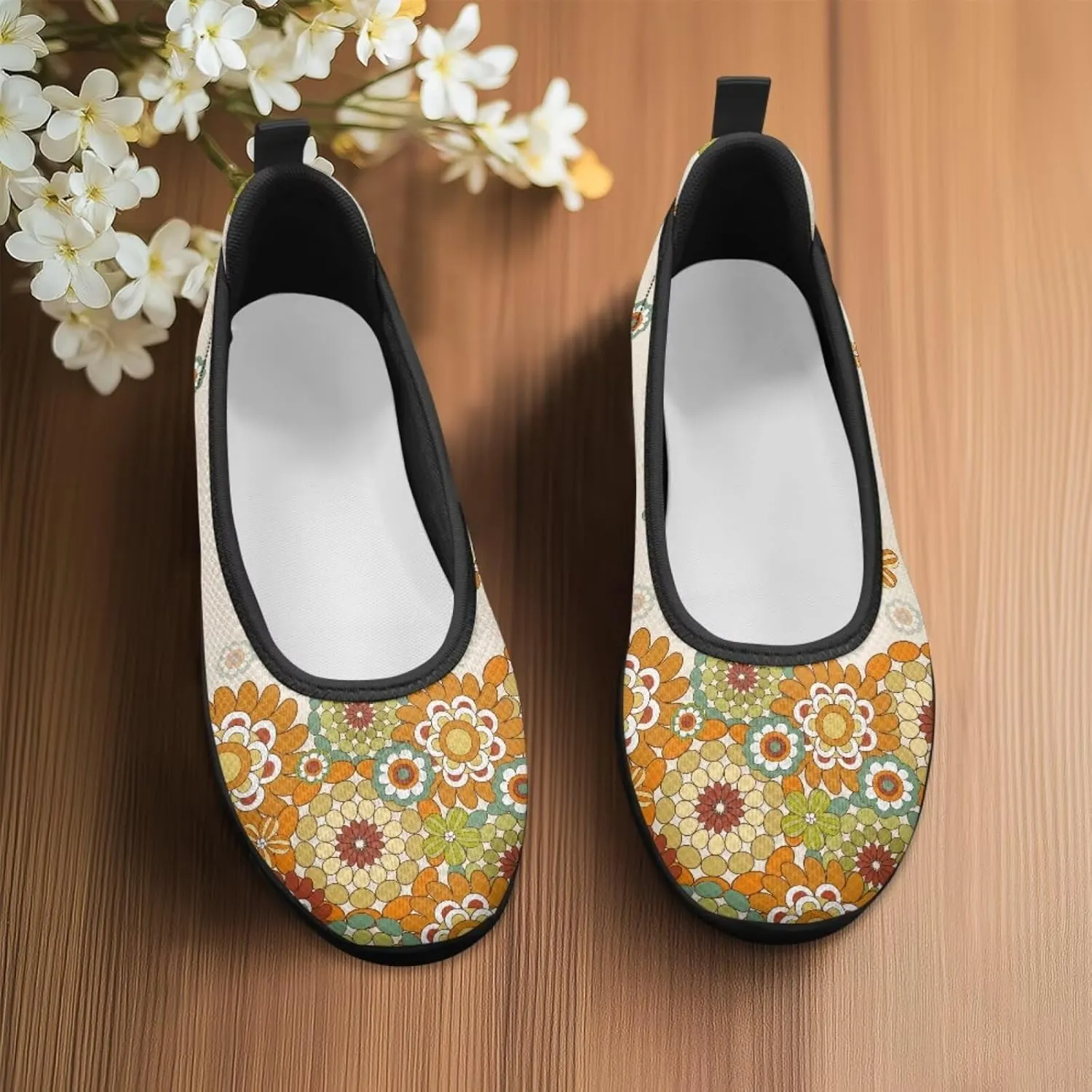Creative Stylish Floral Print Ballet Flats for Women Slip On Mesh Breathable Casual Sneakers Fit Comfort Ballerina Loafers Daily Wear