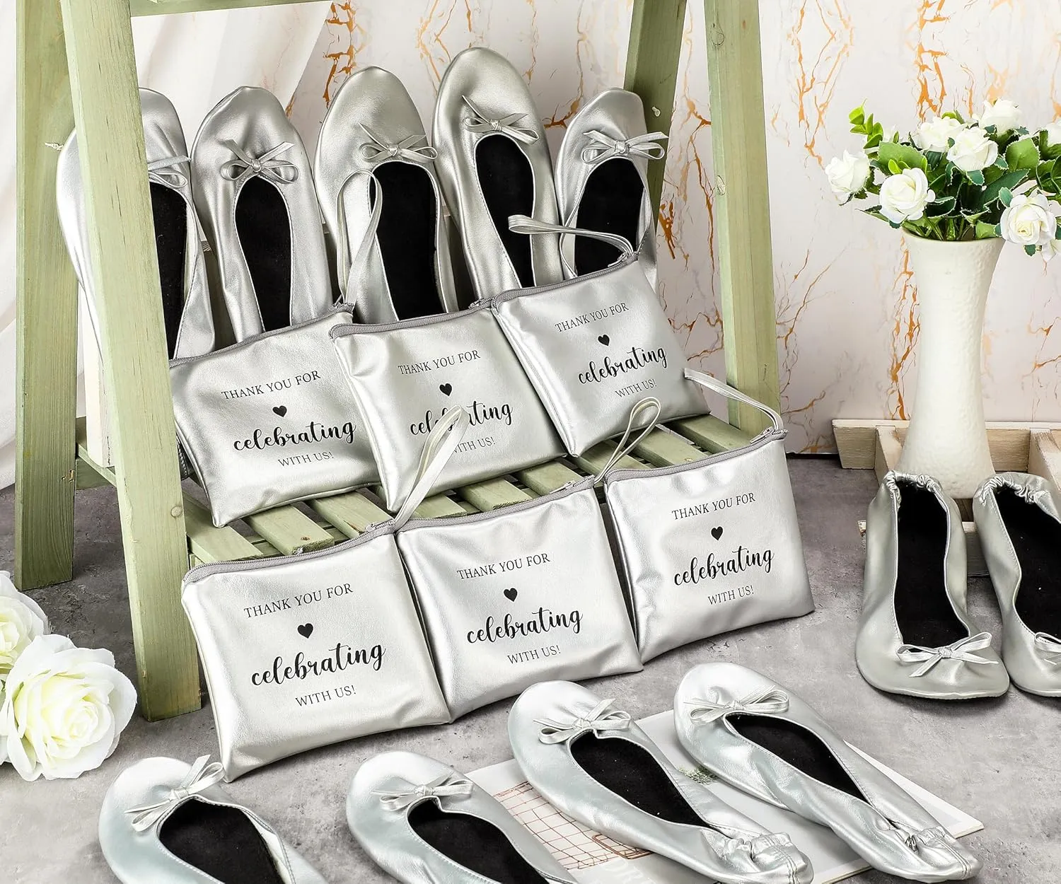 Cuffbow 12 Pairs Wedding Foldable Flats Dancing Shoes Rollable Ballet Flats Bulk Party Wedding Slippers Bridesmaids Guests