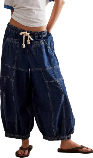 D-Sun Women Casual Loose Mid Rise Barrel Jeans Baggy Vintage Wide Leg Elastic Denim Pants Fashion Boyfriend Jeans