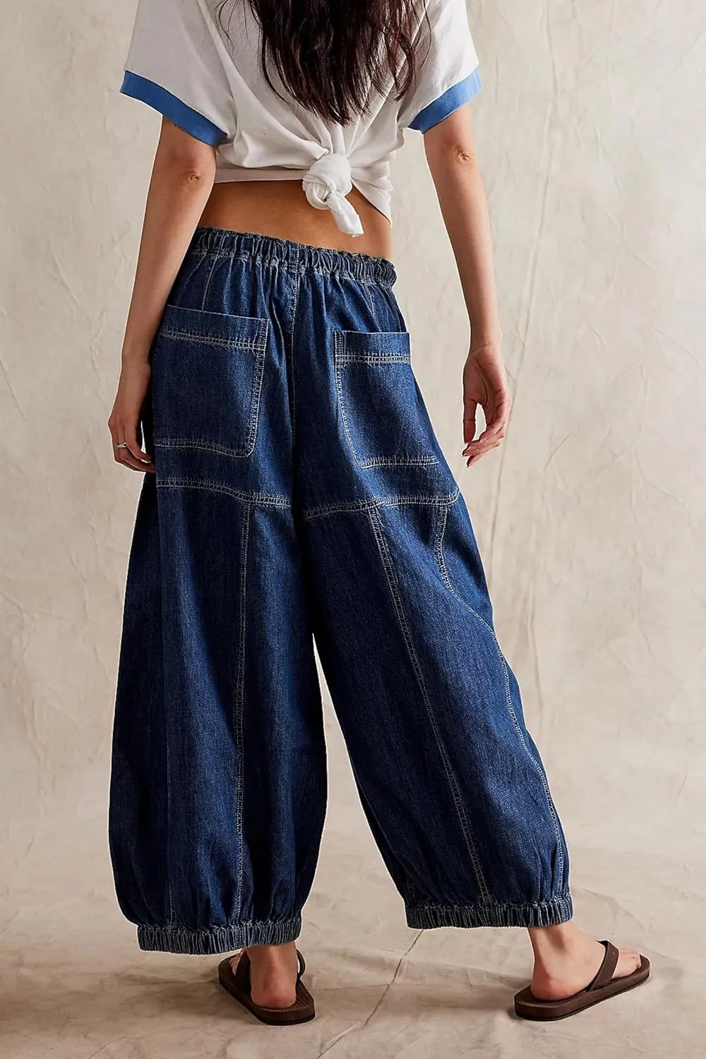 D-Sun Women Casual Loose Mid Rise Barrel Jeans Baggy Vintage Wide Leg Elastic Denim Pants Fashion Boyfriend Jeans