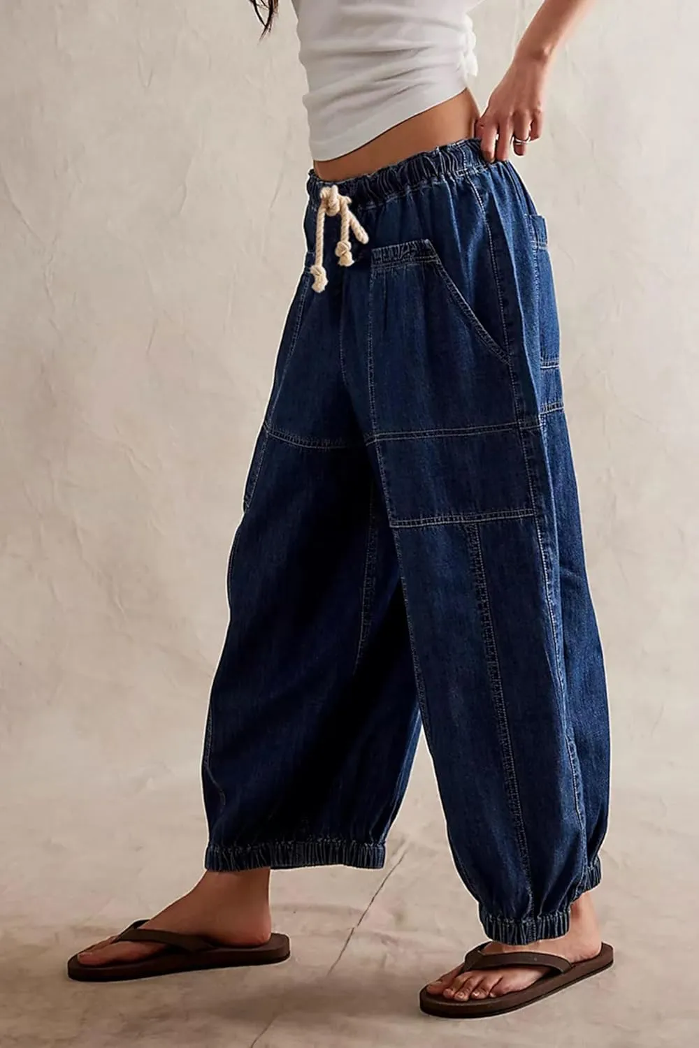 D-Sun Women Casual Loose Mid Rise Barrel Jeans Baggy Vintage Wide Leg Elastic Denim Pants Fashion Boyfriend Jeans