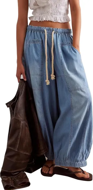 D-Sun Women Casual Loose Mid Rise Barrel Jeans Baggy Vintage Wide Leg Elastic Denim Pants Fashion Boyfriend Jeans