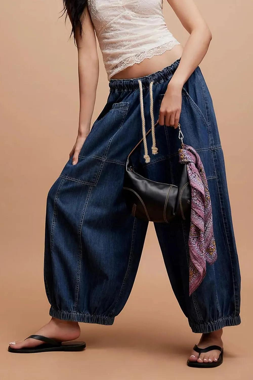 D-Sun Women Casual Loose Mid Rise Barrel Jeans Baggy Vintage Wide Leg Elastic Denim Pants Fashion Boyfriend Jeans