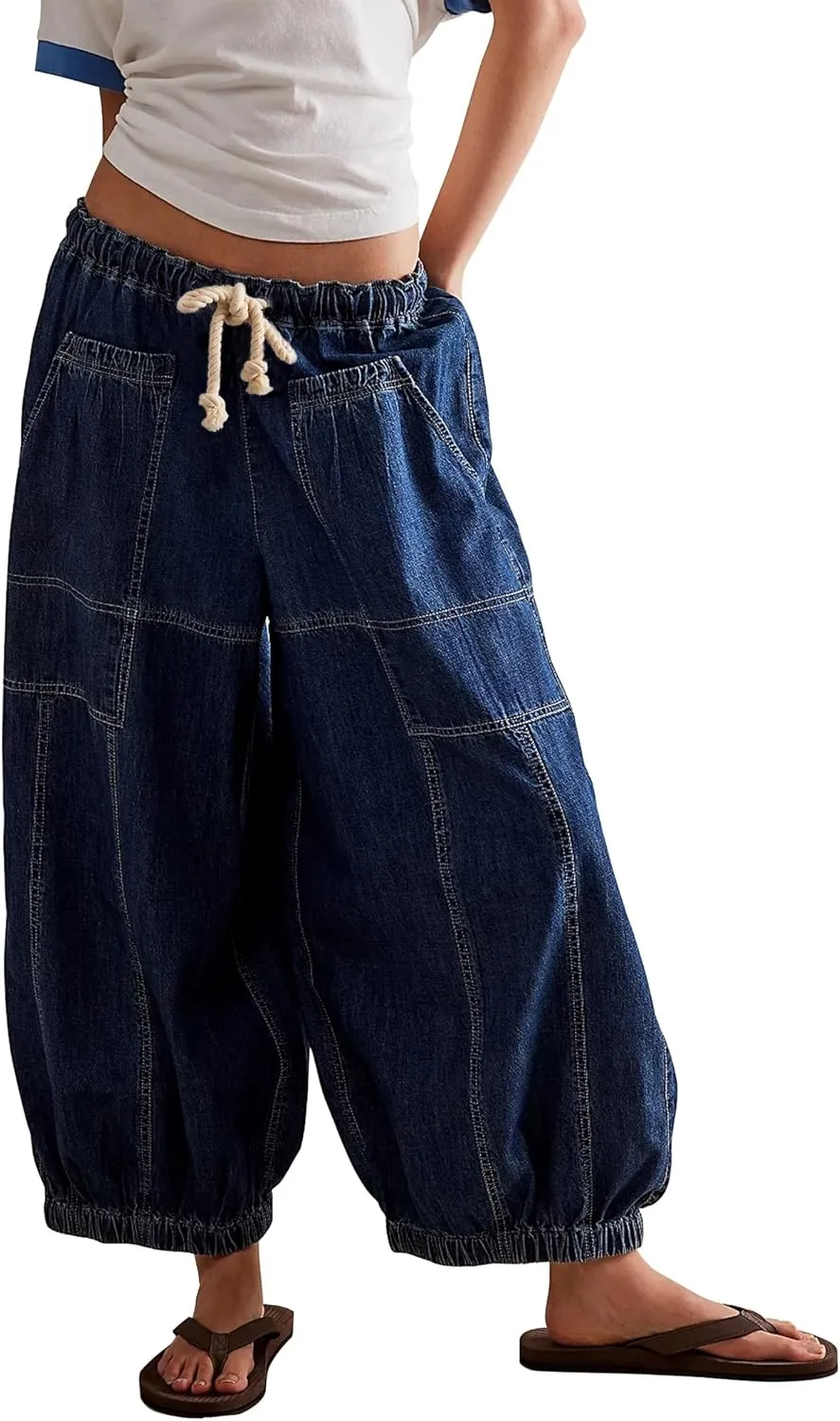D-Sun Women Casual Loose Mid Rise Barrel Jeans Baggy Vintage Wide Leg Elastic Denim Pants Fashion Boyfriend Jeans