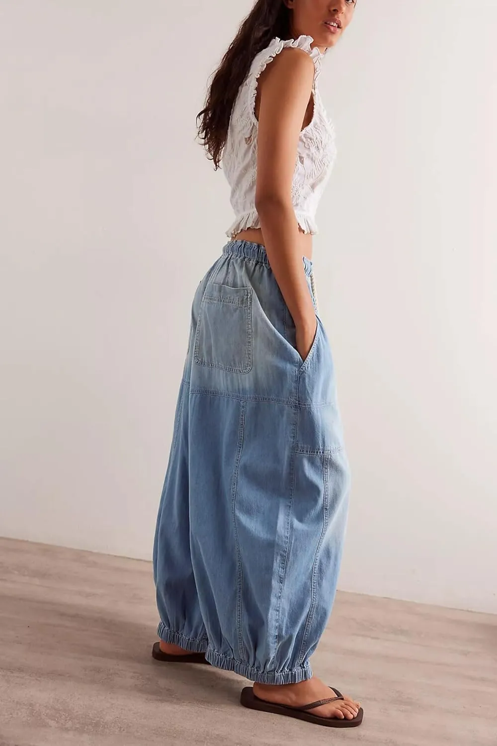 D-Sun Women Casual Loose Mid Rise Barrel Jeans Baggy Vintage Wide Leg Elastic Denim Pants Fashion Boyfriend Jeans