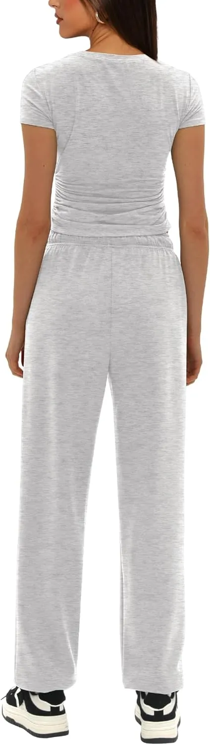 Darong Womens 2 Piece Outfit Sets Short Sleeve Crew Neck T Shirts with Jogger Pants Active Tracksuit Lounge Set