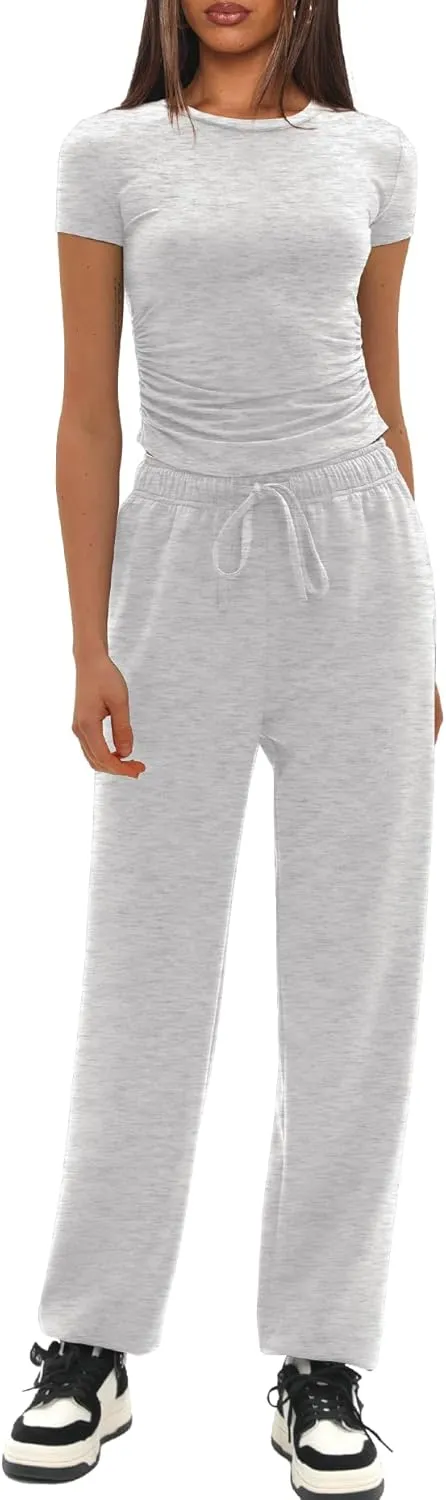 Darong Womens 2 Piece Outfit Sets Short Sleeve Crew Neck T Shirts with Jogger Pants Active Tracksuit Lounge Set