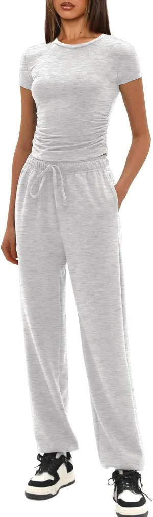 Darong Womens 2 Piece Outfit Sets Short Sleeve Crew Neck T Shirts with Jogger Pants Active Tracksuit Lounge Set