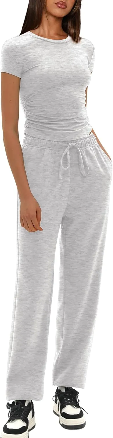 Darong Womens 2 Piece Outfit Sets Short Sleeve Crew Neck T Shirts with Jogger Pants Active Tracksuit Lounge Set
