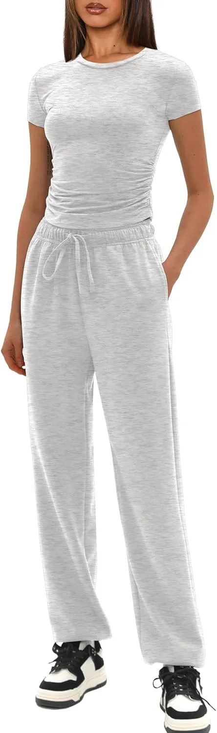 Darong Womens 2 Piece Outfit Sets Short Sleeve Crew Neck T Shirts with Jogger Pants Active Tracksuit Lounge Set
