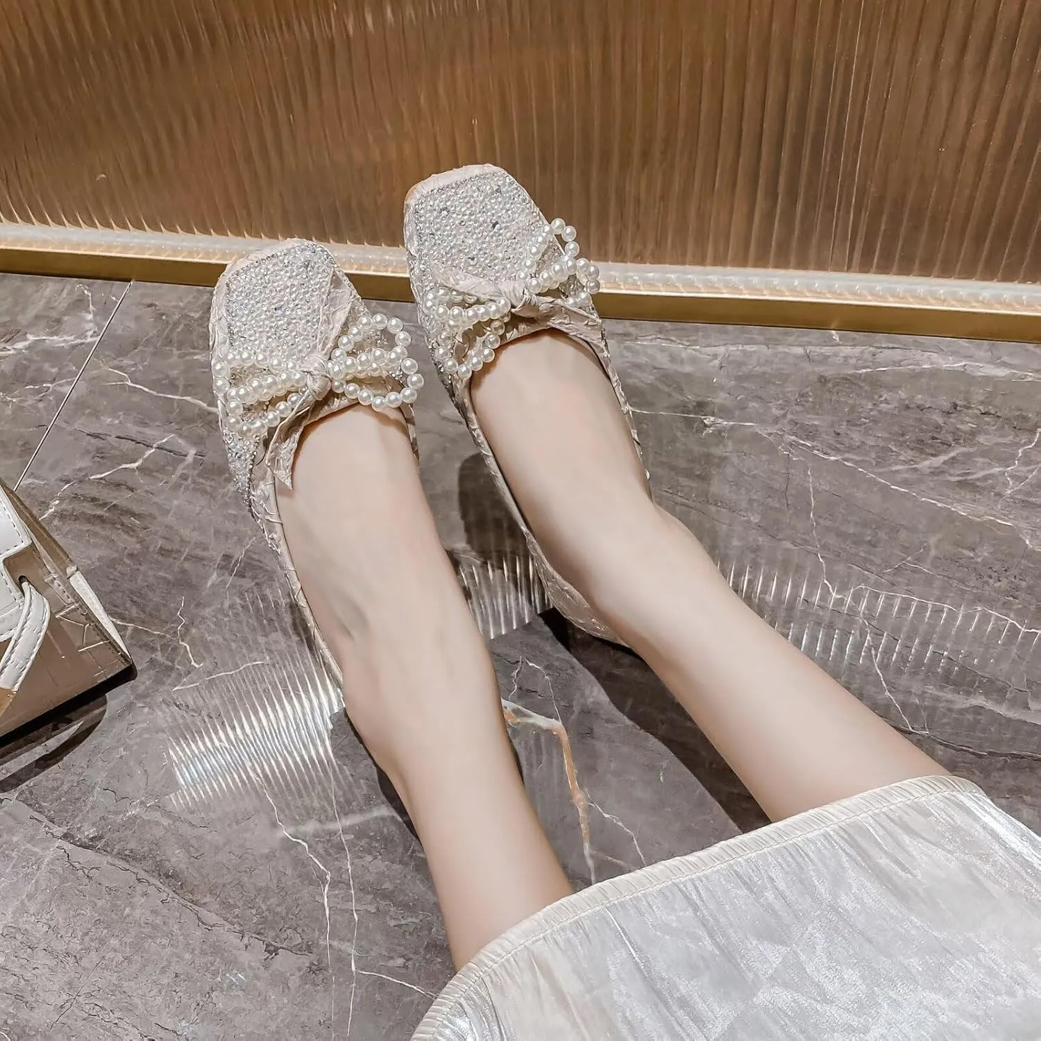 Dear Time Women's Pearl Bow Flats Rhinestones Wedding Ballet Flats Elegant Dressy Sparkly Shoes