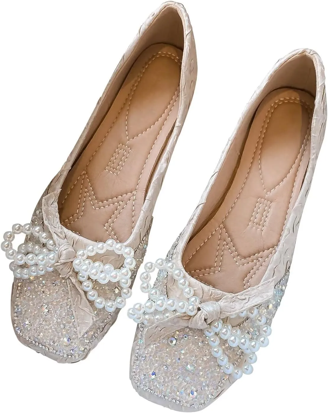 Dear Time Women's Pearl Bow Flats Rhinestones Wedding Ballet Flats Elegant Dressy Sparkly Shoes