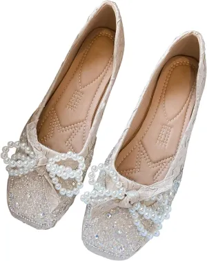 Dear Time Women's Pearl Bow Flats Rhinestones Wedding Ballet Flats Elegant Dressy Sparkly Shoes