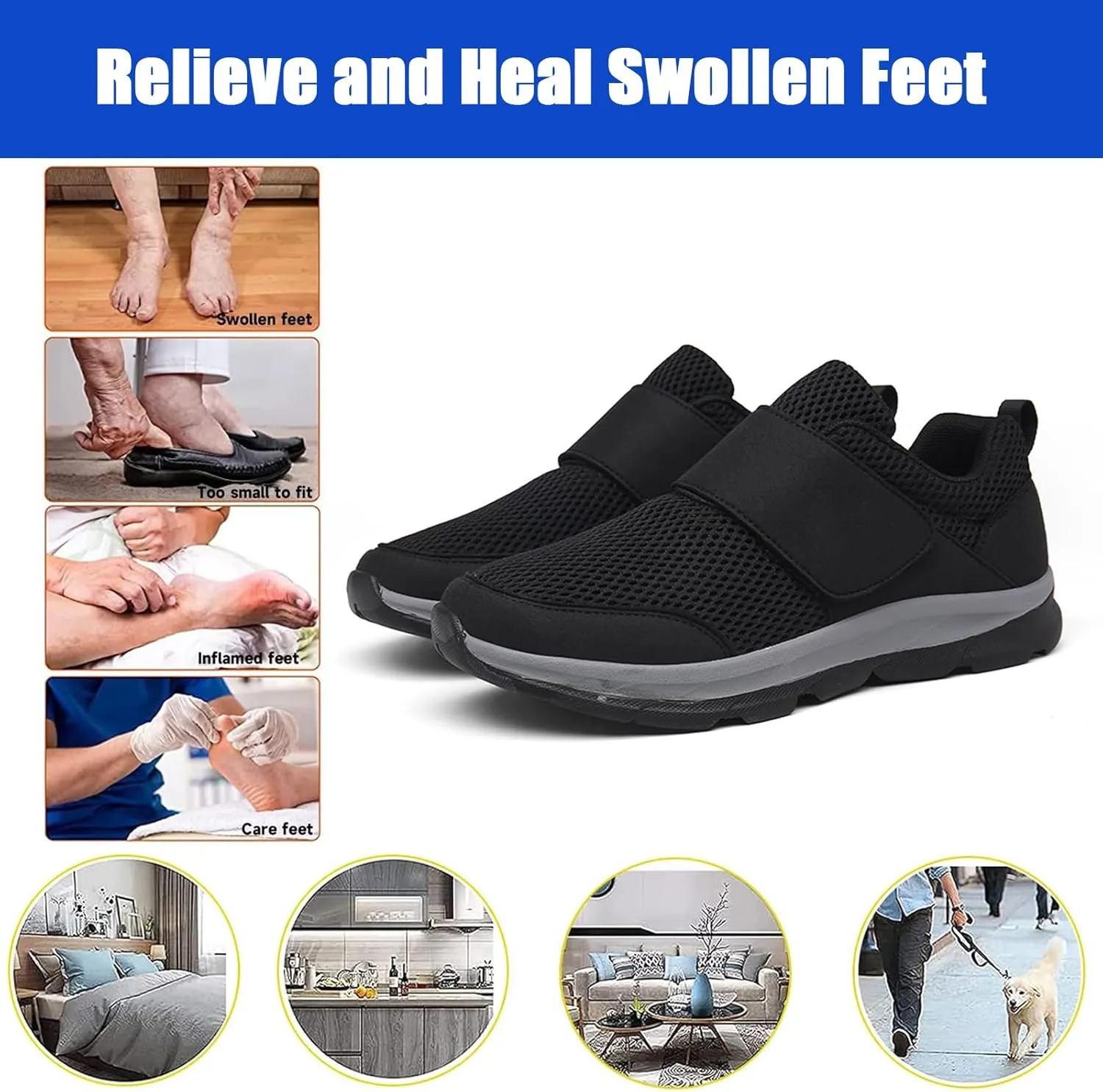 Diabetic Shoes for Men,Men Extra Wide Orthopedic Slip-on Sneakers Shoes,Adjustable Slip On Walking Sneakers for Swollen Feet Plantar Fasciitis,Grey,40EU