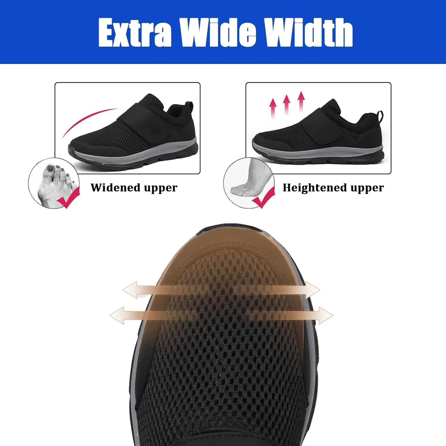Diabetic Shoes for Men,Men Extra Wide Orthopedic Slip-on Sneakers Shoes,Adjustable Slip On Walking Sneakers for Swollen Feet Plantar Fasciitis,Grey,40EU