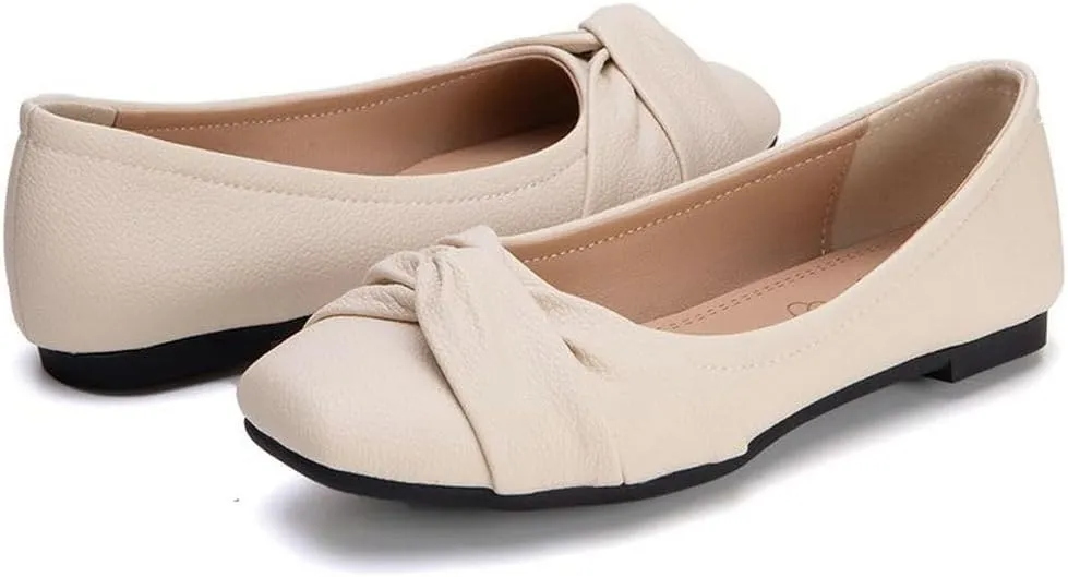 DINTAHA Womens Ballet Flat with Bow,Womens Square Toe Flats,Casual Slip On Work Flat Ballerina Shoes