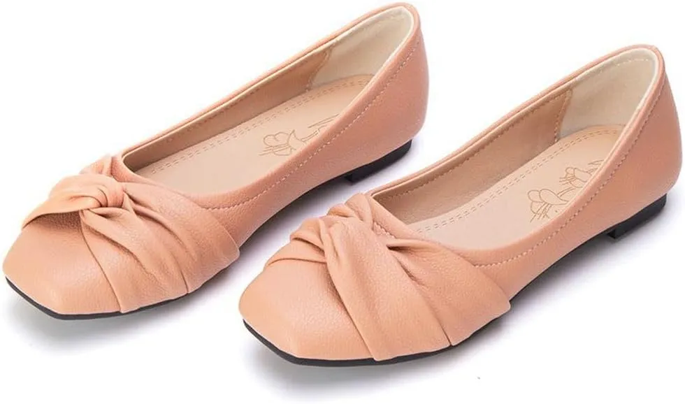 DINTAHA Womens Ballet Flat with Bow,Womens Square Toe Flats,Casual Slip On Work Flat Ballerina Shoes