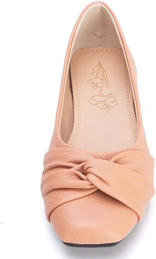 DINTAHA Womens Ballet Flat with Bow,Womens Square Toe Flats,Casual Slip On Work Flat Ballerina Shoes