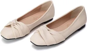 DINTAHA Womens Ballet Flat with Bow,Womens Square Toe Flats,Casual Slip On Work Flat Ballerina Shoes