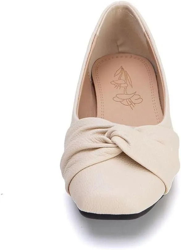 DINTAHA Womens Ballet Flat with Bow,Womens Square Toe Flats,Casual Slip On Work Flat Ballerina Shoes