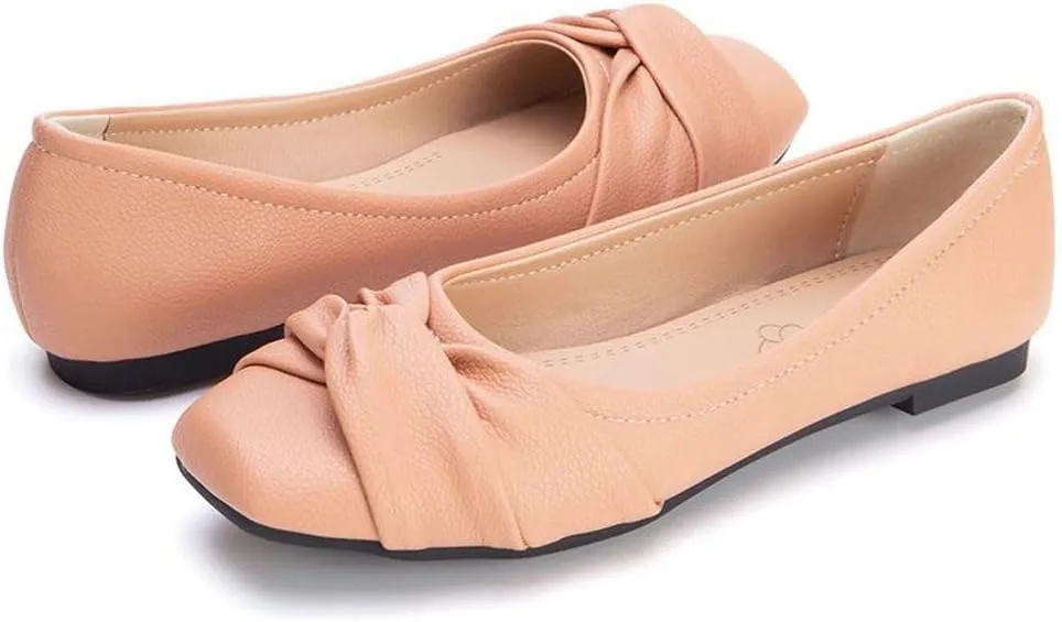 DINTAHA Womens Ballet Flat with Bow,Womens Square Toe Flats,Casual Slip On Work Flat Ballerina Shoes