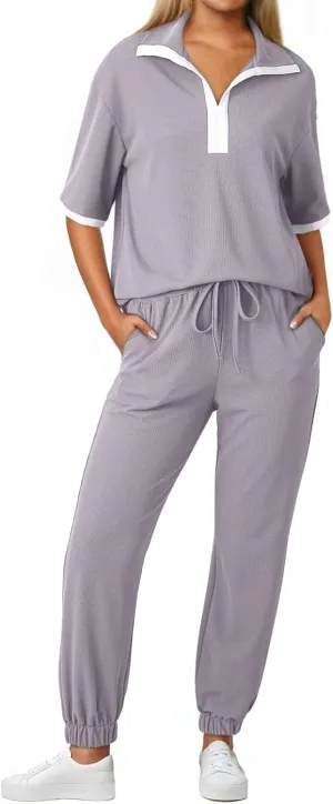 Dokotoo 2 Piece Sets for Women Summer Lapel V Neck Short Sleeve Tops Long Pants Tracksuit Lounge Jogger Set with Pockets