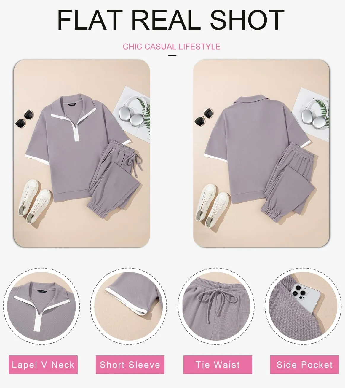 Dokotoo 2 Piece Sets for Women Summer Lapel V Neck Short Sleeve Tops Long Pants Tracksuit Lounge Jogger Set with Pockets