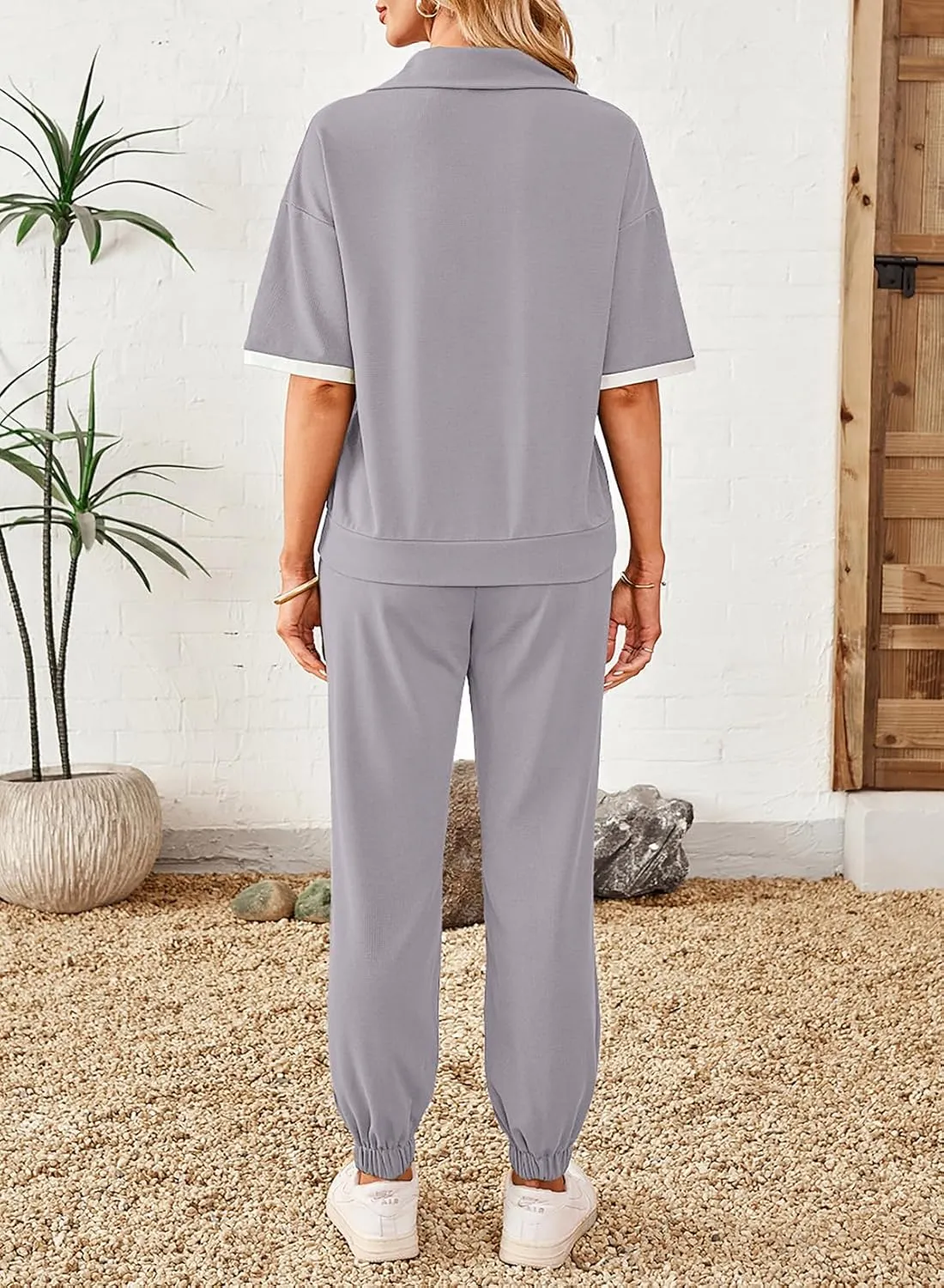 Dokotoo 2 Piece Sets for Women Summer Lapel V Neck Short Sleeve Tops Long Pants Tracksuit Lounge Jogger Set with Pockets