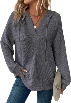 Dokotoo Hoodies for Women Waffle Knit Long Sleeve Drawstring Button V Neck Casual Pullover Sweatshirt Hooded Tops