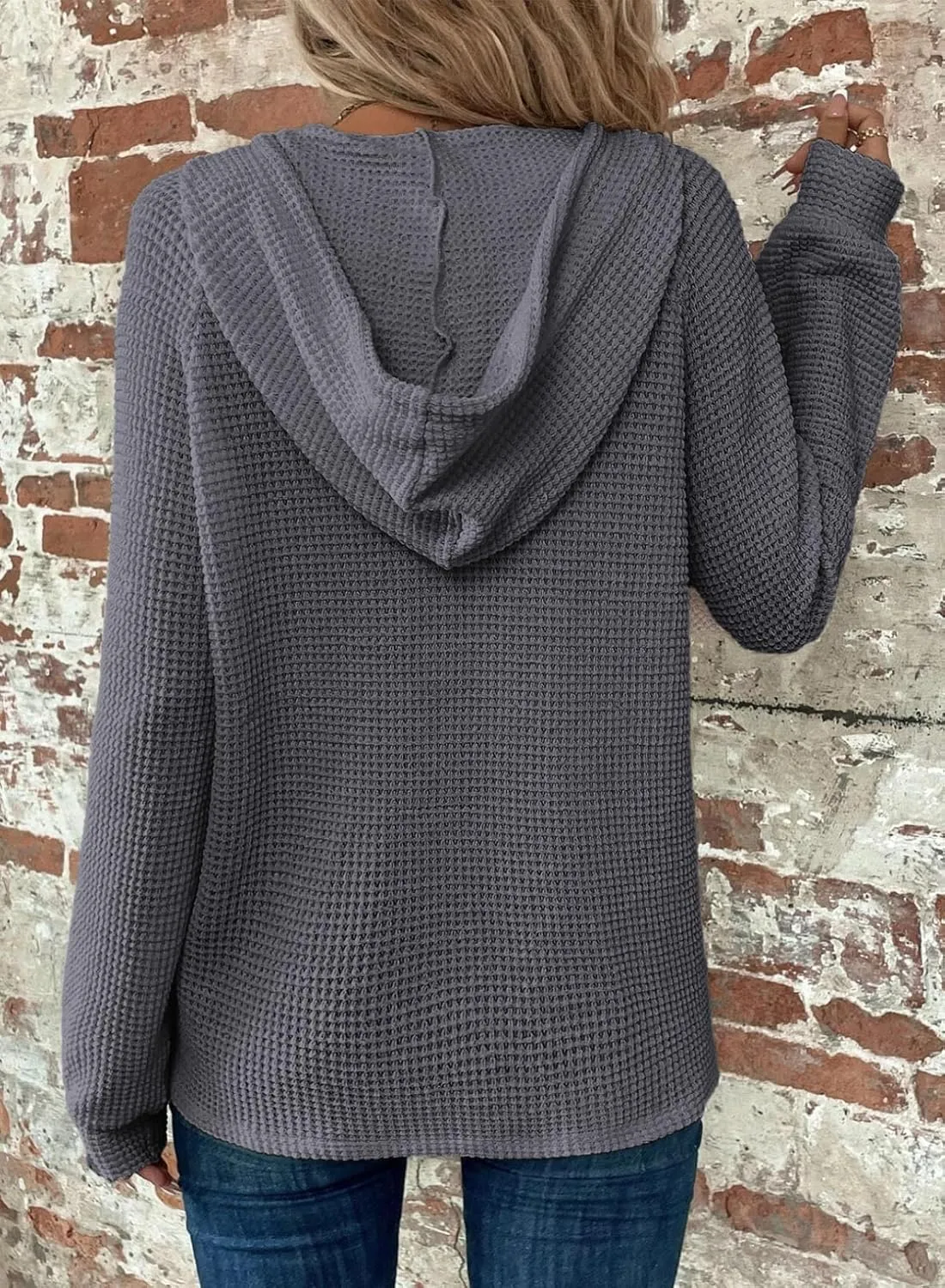 Dokotoo Hoodies for Women Waffle Knit Long Sleeve Drawstring Button V Neck Casual Pullover Sweatshirt Hooded Tops