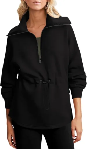 Dokotoo Womens Oversized Sweatshirts Half Zip Drawstring Waist Long Sleeve Side Slits Casual Pullover Sweatshirt Tops