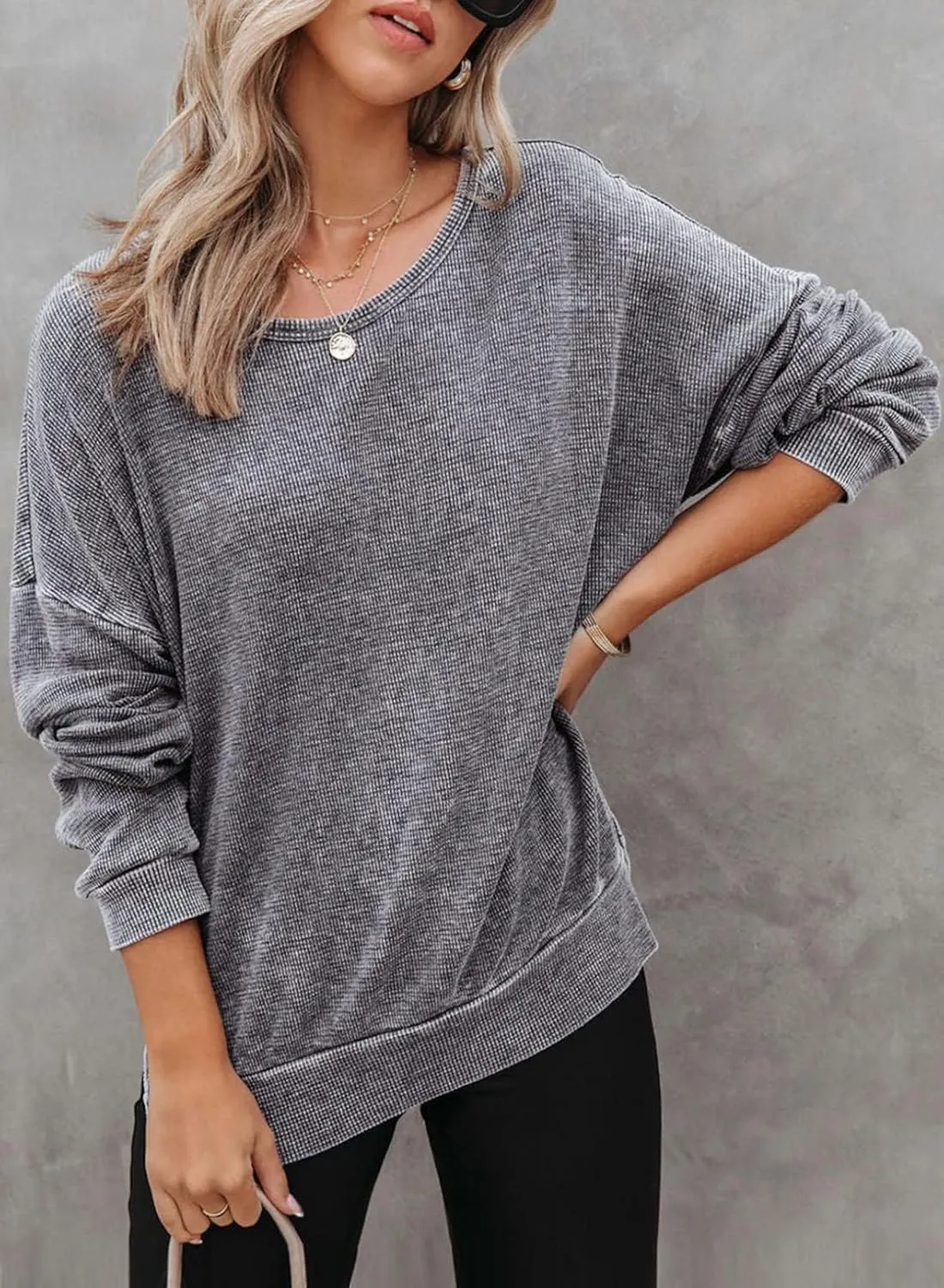 Dokotoo Womens Oversized Waffle Knit Crewneck Sweatshirts Long Sleeve Side Slits Casual Pullover Sweatshirt Tops