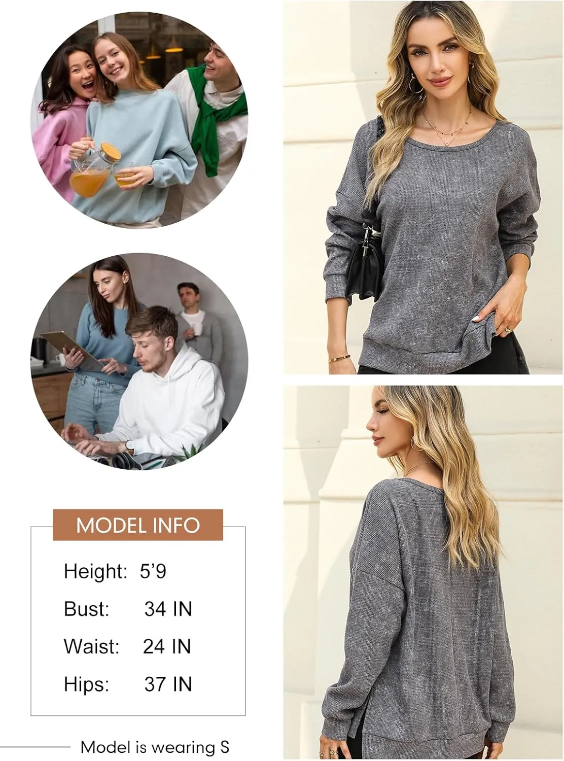 Dokotoo Womens Oversized Waffle Knit Crewneck Sweatshirts Long Sleeve Side Slits Casual Pullover Sweatshirt Tops