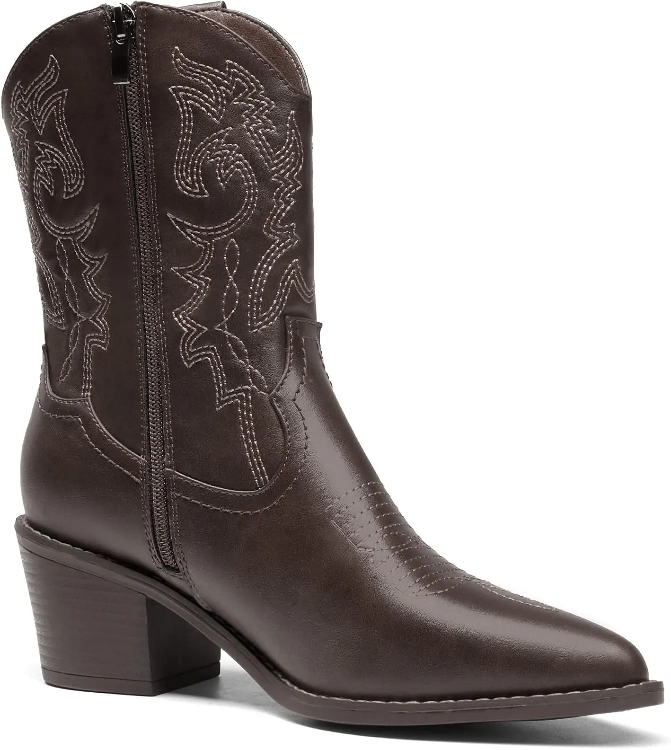 DREAM PAIRS Women's Cowboy Boots, Pointed Toe Chunky Heel, Zipper Pull-On Stitched Western Ankle Boots